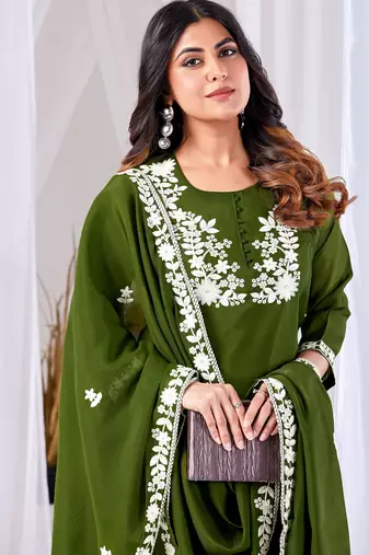 Mahendi color mul cotton fabric designer embroidery work festive salwar kameez for girls