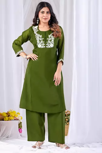 Mahendi color mul cotton fabric designer embroidery work festive salwar kameez for girls
