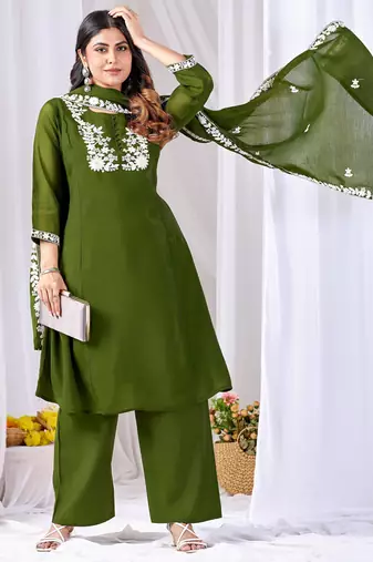 Mahendi color mul cotton fabric designer embroidery work festive salwar kameez for girls