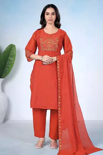 Rust color mul cotton fabric designer embroidery work festive salwar kameez for girls