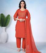 Rust color mul cotton fabric designer embroidery work festive salwar kameez for girls