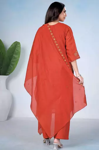 Rust color mul cotton fabric designer embroidery work festive salwar kameez for girls