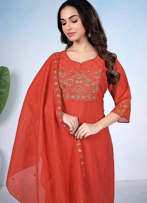 Rust color mul cotton fabric designer embroidery work festive salwar kameez for girls 3