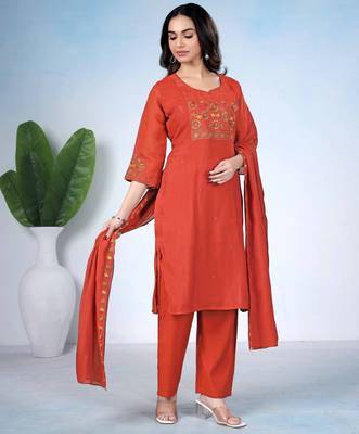 Rust color mul cotton fabric designer embroidery work festive salwar kameez for girls 5