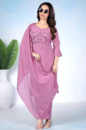 Purple color mul cotton fabric designer embroidery work festive salwar kameez for girls