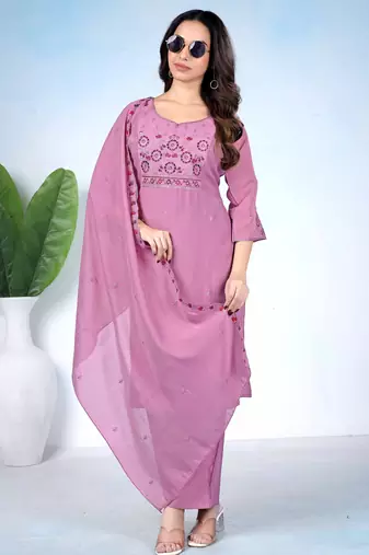 Purple color mul cotton fabric designer embroidery work festive salwar kameez for girls