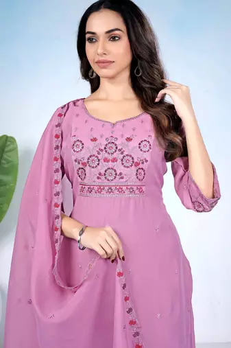 Purple color mul cotton fabric designer embroidery work festive salwar kameez for girls