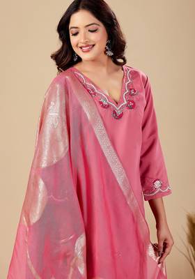 Pink color roman silk fabric ethnic partywear suit for trendy girls 3