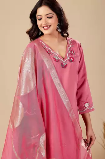 Pink color roman silk fabric ethnic partywear suit for trendy girls