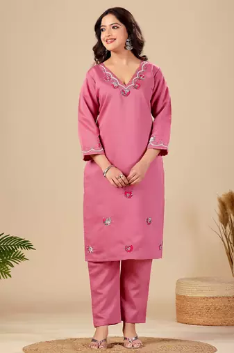 Pink color roman silk fabric ethnic partywear suit for trendy girls