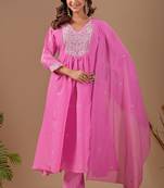 Pink color mul chanderi fabric ethnic partywear suit for trendy girls
