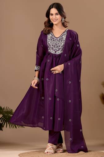 Purple color mul chanderi fabric ethnic partywear suit for trendy girls