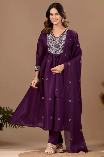 Purple color mul chanderi fabric ethnic partywear suit for trendy girls