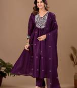 Purple color mul chanderi fabric ethnic partywear suit for trendy girls