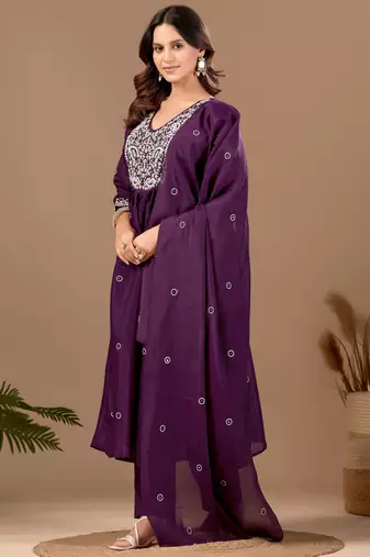 Purple color mul chanderi fabric ethnic partywear suit for trendy girls