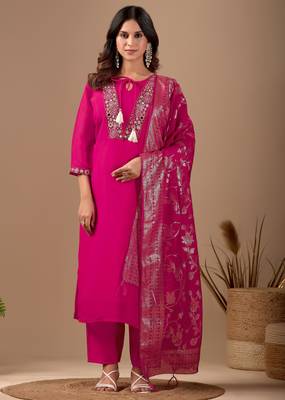 Pink color mul chanderi fabric ethnic partywear suit for trendy girls 1