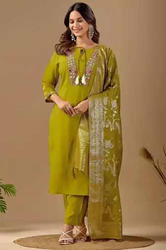 Green color mul chanderi fabric ethnic partywear suit for trendy girls