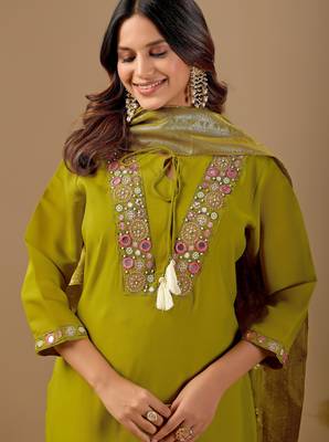 Green color mul chanderi fabric ethnic partywear suit for trendy girls 3