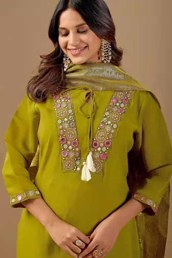 Green color mul chanderi fabric ethnic partywear suit for trendy girls