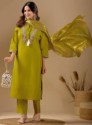 Green color mul chanderi fabric ethnic partywear suit for trendy girls 4