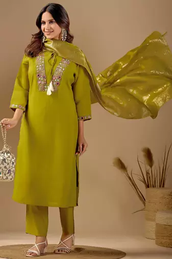 Green color mul chanderi fabric ethnic partywear suit for trendy girls