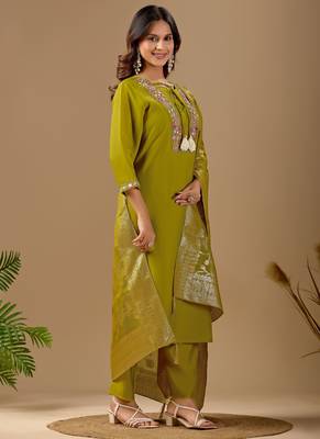 Green color mul chanderi fabric ethnic partywear suit for trendy girls 5