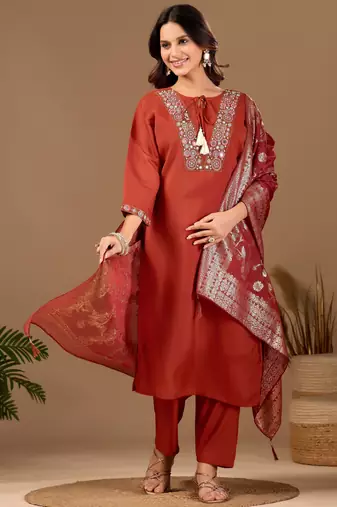 Rust color mul chanderi fabric ethnic partywear suit for trendy girls