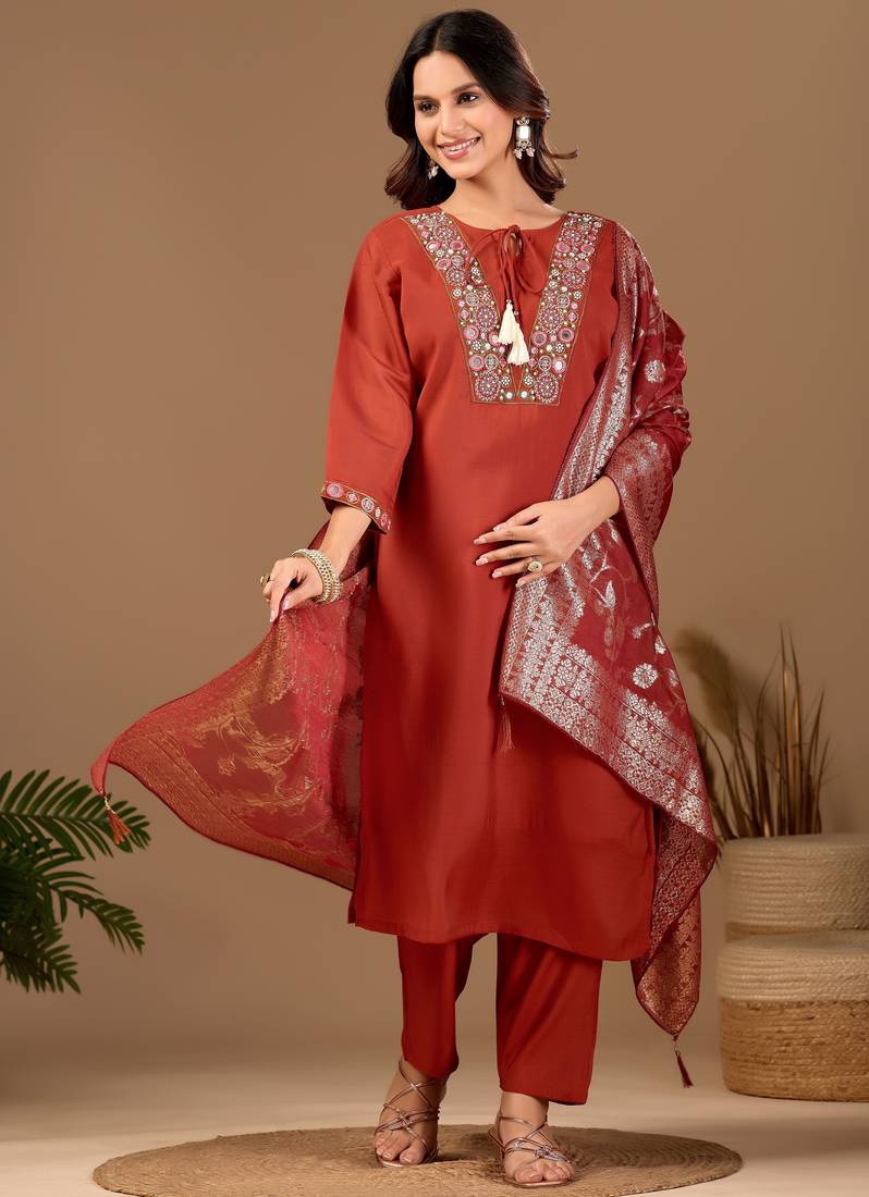Rust color mul chanderi fabric ethnic partywear suit for trendy girls