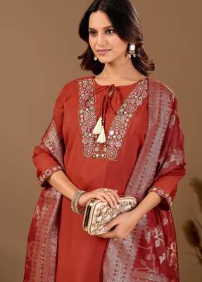 Rust color mul chanderi fabric ethnic partywear suit for trendy girls 3