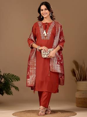 Rust color mul chanderi fabric ethnic partywear suit for trendy girls 4