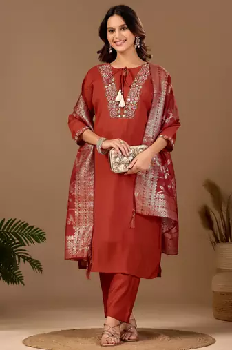 Rust color mul chanderi fabric ethnic partywear suit for trendy girls