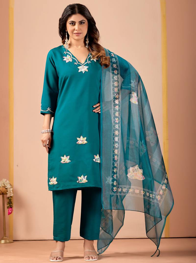 Teal color roman silk fabric ethnic partywear suit for trendy girls
