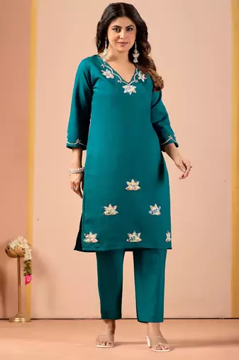 Teal color roman silk fabric ethnic partywear suit for trendy girls