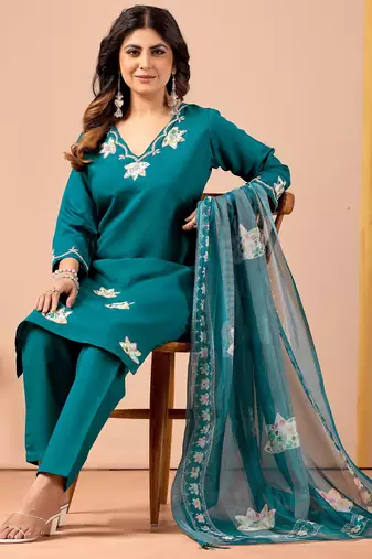 Teal color roman silk fabric ethnic partywear suit for trendy girls