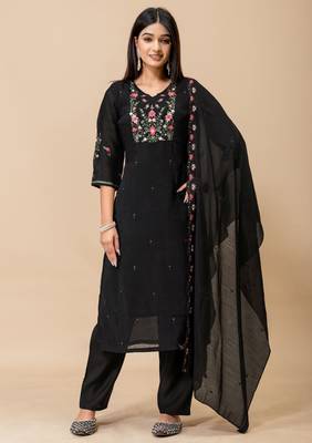 Black color roman silk fabric ethnic partywear suit for trendy girls 1