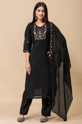 Black color roman silk fabric ethnic partywear suit for trendy girls