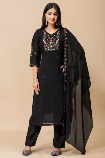 Black color roman silk fabric ethnic partywear suit for trendy girls