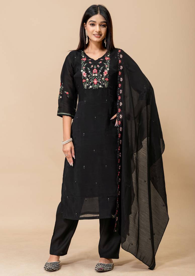 Black color roman silk fabric ethnic partywear suit for trendy girls
