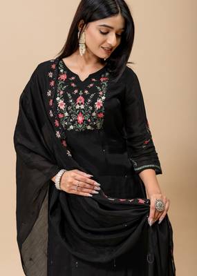 Black color roman silk fabric ethnic partywear suit for trendy girls 3