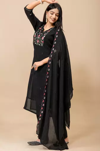 Black color roman silk fabric ethnic partywear suit for trendy girls