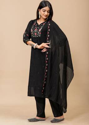 Black color roman silk fabric ethnic partywear suit for trendy girls 5