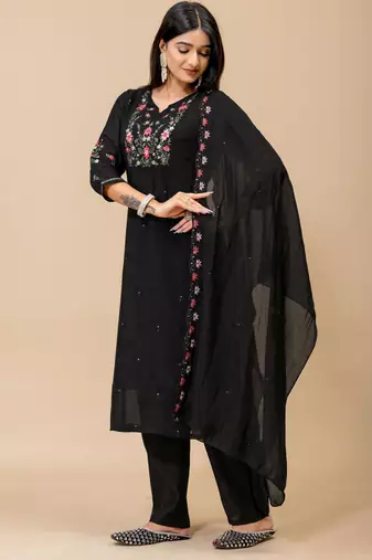Black color roman silk fabric ethnic partywear suit for trendy girls