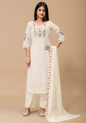Off white color roman silk fabric ethnic partywear suit for trendy girls 1