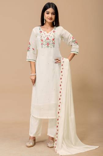 Off white color roman silk fabric ethnic partywear suit for trendy girls