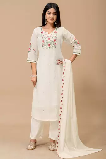 Off white color roman silk fabric ethnic partywear suit for trendy girls