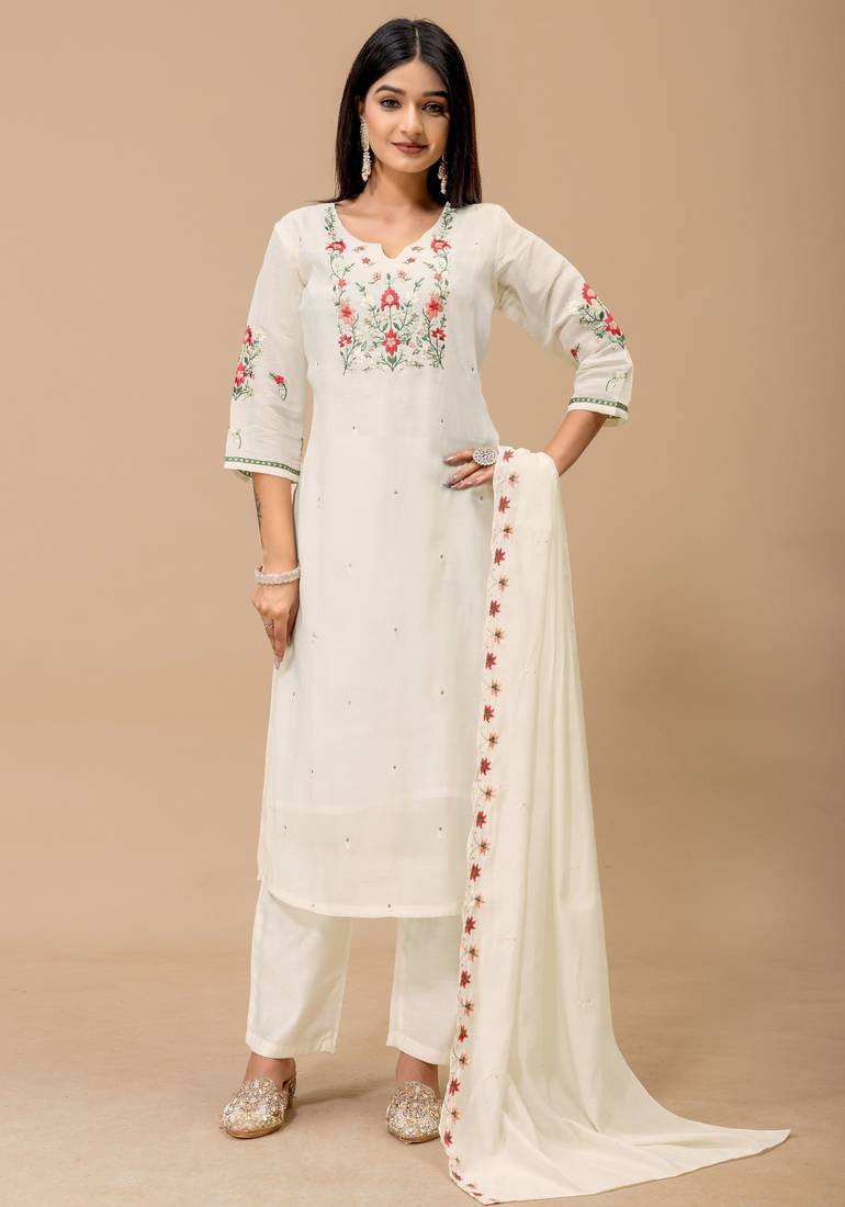 Off white color roman silk fabric ethnic partywear suit for trendy girls