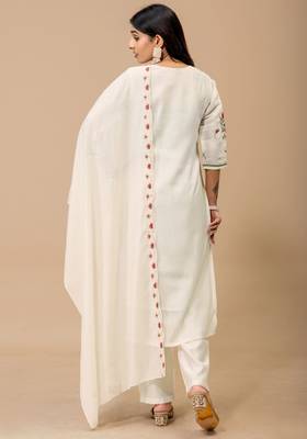 Off white color roman silk fabric ethnic partywear suit for trendy girls 2