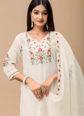 Off white color roman silk fabric ethnic partywear suit for trendy girls 3