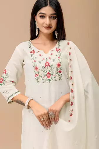 Off white color roman silk fabric ethnic partywear suit for trendy girls