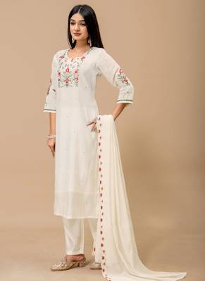 Off white color roman silk fabric ethnic partywear suit for trendy girls 4